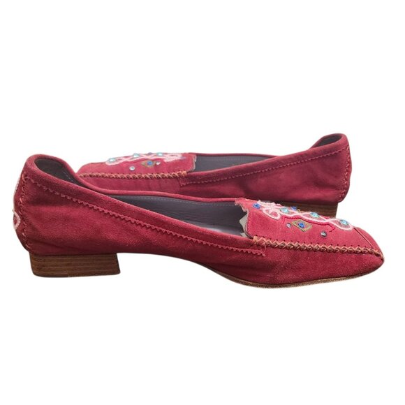 Bruno Magli Suede Embroidered Loafers Red Italy Square Toe Women’s Shoes Sze38.5 - Picture 6 of 11